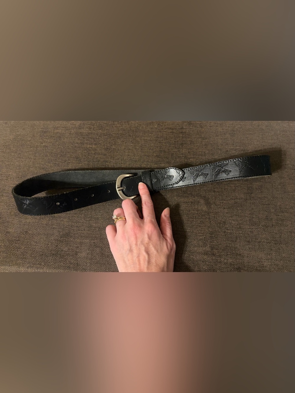 Black Leather Belt with Embossed Bird Detail